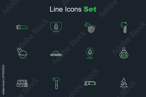 Set line Tree, Hacksaw, Hammer, Wooden log, Grapple crane grabbed, Location of the forest, Electric circular and icon. Vector