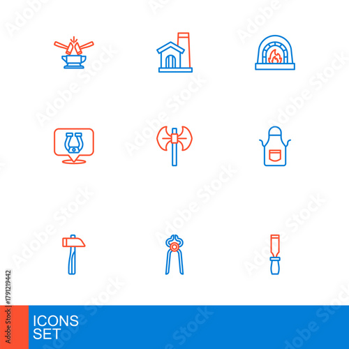 Set line Rasp metal file, Blacksmith pliers tool, Hammer, apron, Horseshoe, Medieval poleaxe, oven and Smithy workshop interior icon. Vector