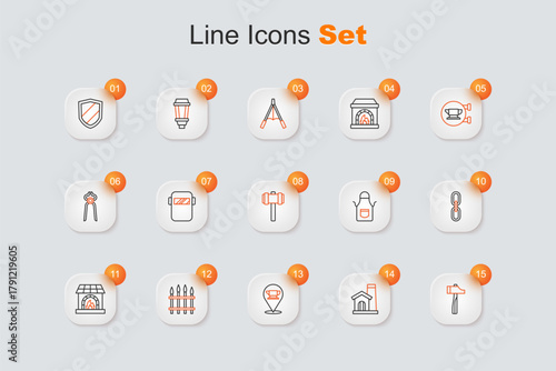 Set line Hammer, Smithy workshop interior, Blacksmith anvil tool, Classic iron fence, oven, Chain link, apron and Sledgehammer icon. Vector