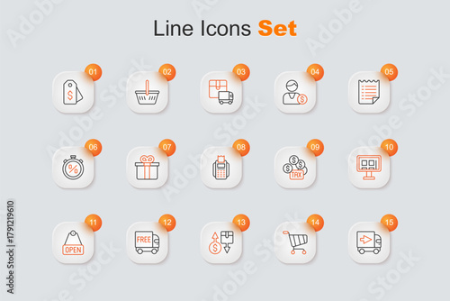 Set line Delivery cargo truck, Shopping cart, Tax cardboard box, Free delivery service, Hanging sign with text Open, Online shopping on screen, payment and POS terminal icon. Vector