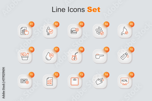 Set line Kcal, Finger blood, Bathroom scales, Diet plan, No GMO, Bottle of water, Sports nutrition proteine and Fresh smoothie icon. Vector