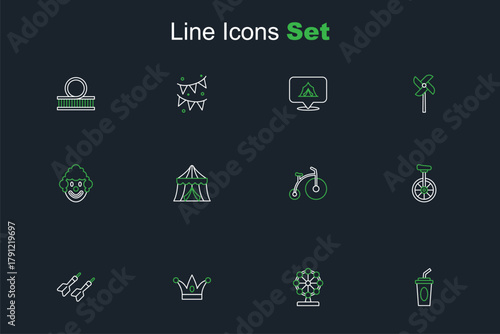 Set line Paper glass with water, Ferris wheel, Jester hat bells, Dart arrow, Unicycle, Vintage bicycle, Circus tent and Clown head icon. Vector