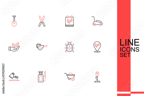Set line Flower tulip, Wheelbarrow, Garden sprayer for water, Watering can, Location with leaf, Colorado beetle, Leaf garden blower and hand icon. Vector