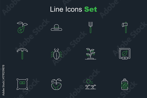 Set line Spray against insects, Plant sprouts grow the sun, Apple, Pack full of seeds, Seeds specific plant, Sprout, Colorado beetle and Pickaxe icon. Vector