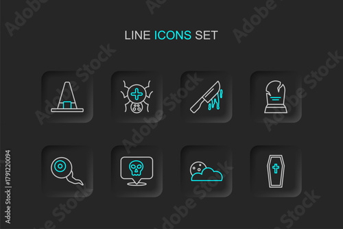 Set line Coffin with christian cross, Moon and stars, Skull, Eye, Tombstone RIP written, Bloody knife, Spider and Witch hat icon. Vector