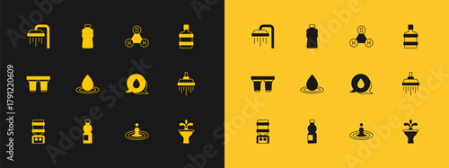 Set Big bottle with clean water, Bottle of, Water drop speech bubbles, Chemical formula H2O, Shower and icon. Vector