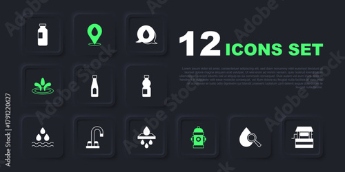 Set Drop and magnifying glass, Well, Bottle of water, Fire hydrant, Water drop, tap, with location and filter cartridge icon. Vector