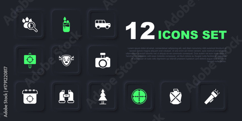 Set Canteen water bottle, Flashlight, Deer antlers on shield, Sniper optical sight, Target sport, Binoculars, Lighter and Tree icon. Vector