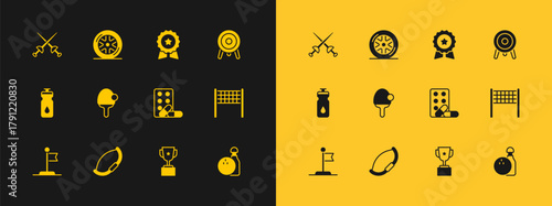 Set Target sport, Medieval bow, Sports doping with dumbbell, Award cup, Racket, Medal star, Fencing and Car wheel icon. Vector
