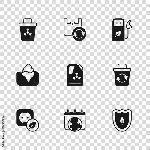 Set World Earth day, Recycle bin, Shield with leaf, Radioactive waste barrel, Petrol gas station, Infectious, Shopping bag recycle and Iceberg icon. Vector