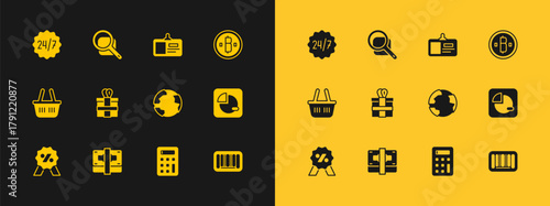 Set Cryptocurrency coin Bitcoin, Stacks paper money cash, Worldwide, Calculator, Gift box, Identification badge, Clock 24 hours and Magnifying glass icon. Vector