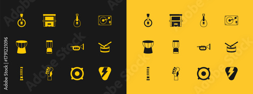 Set Vinyl player with vinyl disk, Guitar neck, Trumpet, Stereo speaker, African djembe drum, Mandolin, Banjo and Piano icon. Vector