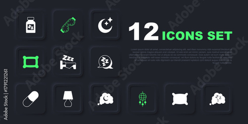 Set Pillow, Sleepy, Time to sleep, Dream catcher with feathers, Table lamp, Eye mask and Dreams icon. Vector
