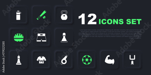 Set Bodybuilder showing his muscles, American football goal post, Boxing short, Soccer, Bicycle helmet, Kimono, Baseball bat with and Whistle icon. Vector