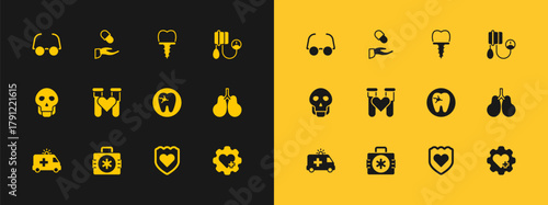 Set Blood pressure, First aid kit, Tooth with caries, Immune system, Test tube blood, Dental implant, Glasses and Medical prescription icon. Vector