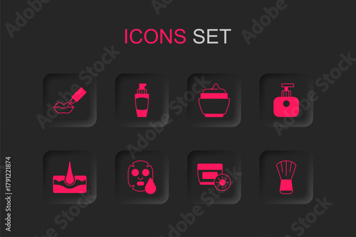 Set Facial cosmetic mask, Tube of hand cream, Lip augmentation, Sunscreen in tube, Makeup brush, Cream or lotion and Human hair follicle icon. Vector