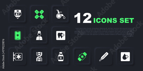 Set Medical thermometer, Blood test, Male doctor, Smart watch with heart, Emergency call 911, DNA symbol, Crossed bandage plaster and Bottle of medicine syrup icon. Vector
