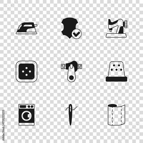 Set Needle for sewing with thread, Thimble, Textile fabric roll, Zipper, Sewing machine, Electric iron, Leather and button clothes icon. Vector