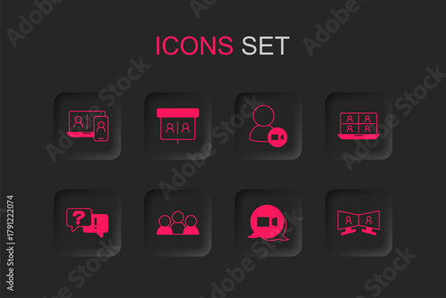 Set Meeting, Video chat conference, and Question and Answer icon. Vector