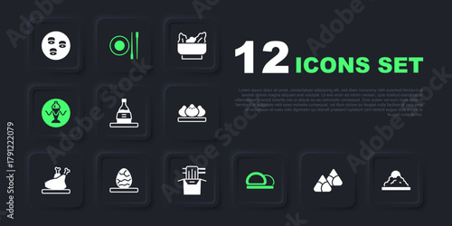 Set Zongzi in bamboo steamer, Rice bowl, Bottle of sake, Sushi, Served fish plate, Chinese egg, Food chopsticks with and Asian noodles paper box icon. Vector