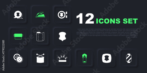 Set Leather, Sewing thread on spool, Textile fabric roll, Zipper, Knitting needles, Electric iron and Needle bed and icon. Vector