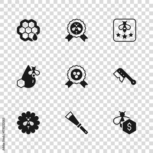 Set Beekeeping knife, brush, Sale of bees, Honey award, Type, Honeycomb, Best and and honeycomb icon. Vector