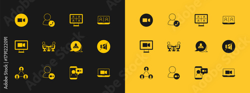 Set Video chat conference, Speech bubble, Meeting, and icon. Vector