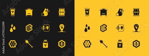 Set Wooden barrel with honey, Honey dipper stick, Bee location, Jar of, Honeycomb, and honeycomb, Cosmetic tube and Hive for bees icon. Vector