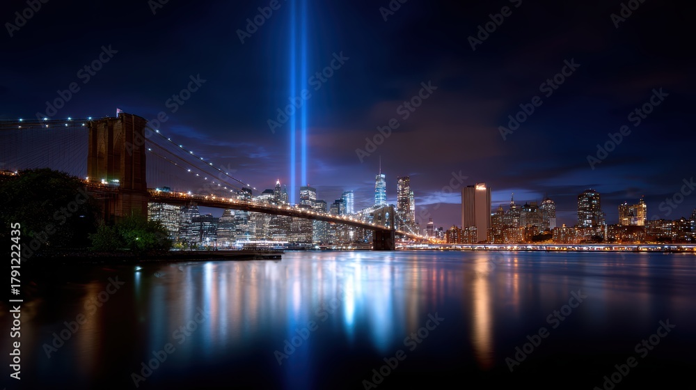 Fototapeta premium NYC Skyline, Brooklyn Bridge, Tribute Lights, Night View