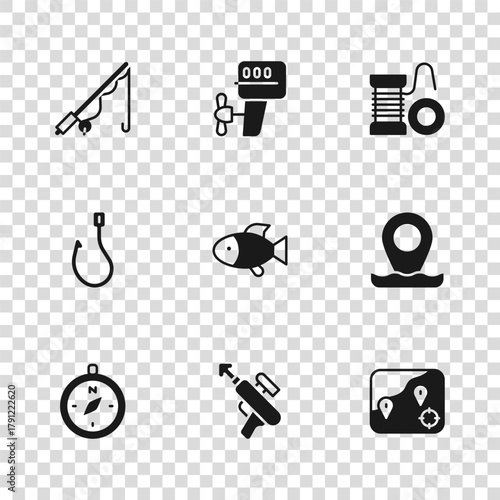 Set Fishing harpoon, Location fishing, Spinning reel for, rod, Outboard boat motor and hook icon. Vector