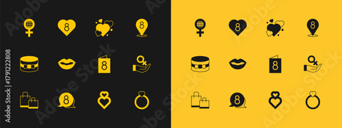 Set 8 March, in speech bubble, Greeting card with, Heart, Smiling lips, International Women Day and icon. Vector