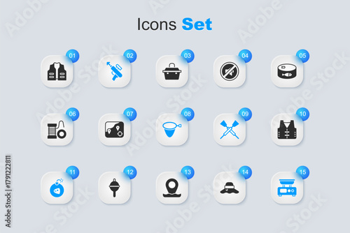 Set Fisherman hat, Location fishing, Fishing harpoon, Bomb, Electronic scales, jacket, and net icon. Vector