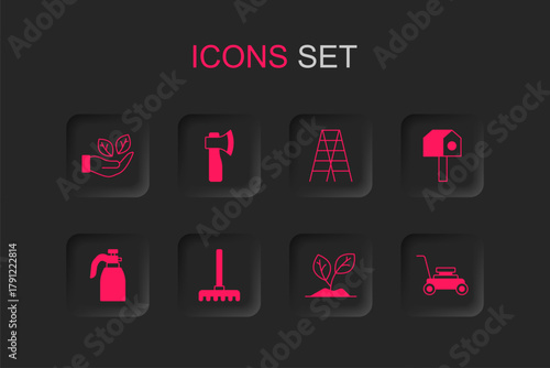 Set Garden rake, Wooden axe, Leaf in hand, Sprout, Bird house, Lawn mower, staircase and sprayer for water icon. Vector