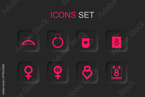 Set International Women Day, Diamond engagement ring, Hanger wardrobe, Heart, Greeting card with 8 March, Calendar, Coffee cup and heart and Female gender symbol icon. Vector