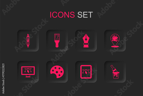 Set Palette, Paint brush, Marker pen, Computer with design program, spray, bucket, Fountain nib and icon. Vector
