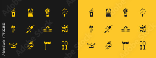 Set Cotton candy, Firework rocket, Roller coaster, Paper mustache stick, Magic wand, Hot air balloon, glass with water and Magician hat rabbit ears icon. Vector