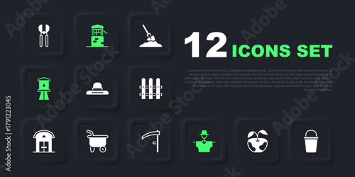 Set Apple, Bucket, Farmer worker hat, Scarecrow, Water tower, Wheelbarrow, Well and Scythe icon. Vector