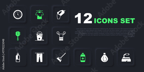 Set Garbage bag, Brush for cleaning, Bucket with foam and bubbles, Antibacterial soap, Toilet brush, Drying clothes, and Mop icon. Vector