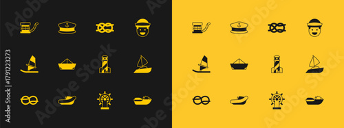 Set Sailor, Inflatable boat with motor, Lighthouse, Ship steering wheel, Folded paper, Nautical rope knots, Marine bollard and Captain hat icon. Vector