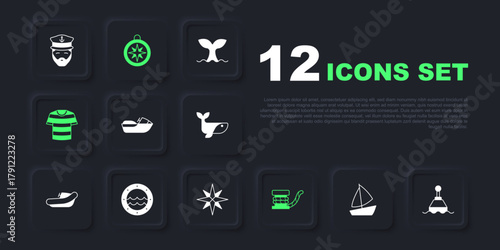 Set Yacht sailboat, Floating buoy, Jet ski, Marine bollard with rope, Striped sailor t-shirt, Ship porthole, Compass and Wind rose icon. Vector