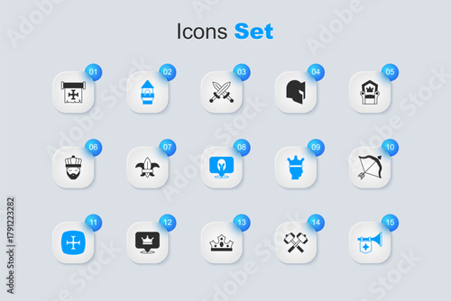 Set Crossed battle hammers, Fleur de lys or lily flower, Castle tower, Crusade, Trumpet with flag, Medieval bow and arrow, and helmet icon. Vector