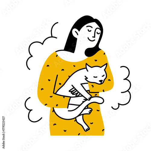 Doodle woman holding a cute cat. Pets. Vector color line illustration of people with animals, isolated on a white background