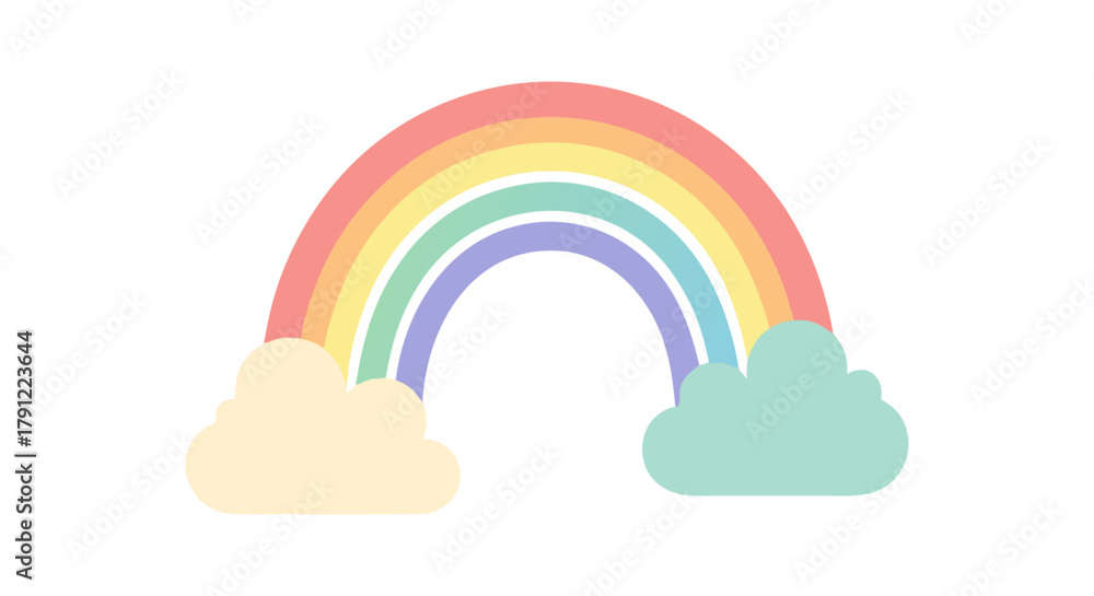 Obraz premium Simple and elegant pastel spectrum arc with charming fluffy cloud accents, a beautiful and whimsical vector illustration representing joy, imagination, and positive feelings