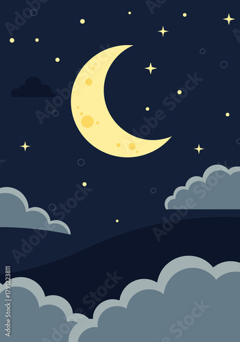 Night Sky with Crescent Moon and Clouds