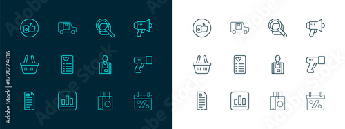 Set line Megaphone, Pie chart infographic, Seller, Paper shopping bag, Shopping list, Magnifying glass, Hand like and Delivery cargo truck icon. Vector