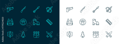 Set line Medieval bow and arrow, Tree, Hunter boots, Quiver with arrows, Paw search, Pistol or gun and Hunting icon. Vector