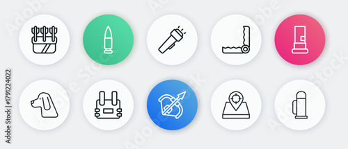 Set line Medieval bow and arrow, Cartridges, Hunting dog, place, Trap hunting, Flashlight, Thermos container and Bulletproof vest icon. Vector