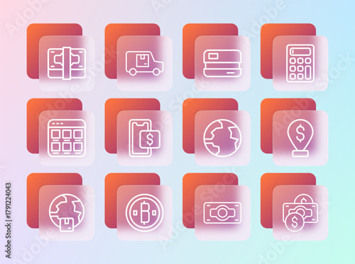 Set line Calculator, Cryptocurrency coin Bitcoin, Worldwide, Stacks paper money cash, Mobile shopping, Credit card, and Delivery cargo truck icon. Vector