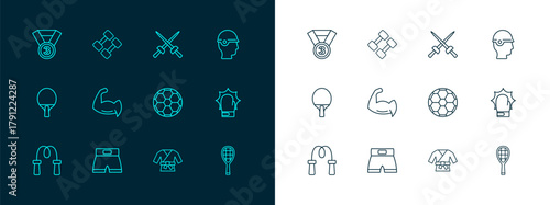 Set line Baseball helmet, Boxing short, Soccer football, Kimono, Bodybuilder showing his muscles, Fencing, Medal and Dumbbell icon. Vector