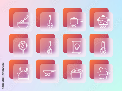 Set line Cooking pot on fire, Frying pan, Cookbook, Kitchen whisk, with bowl and Spatula icon. Vector
